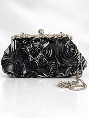 ICING Black Rose Floral Evening Bag Silver chain, Rhinestone Purse Clutch